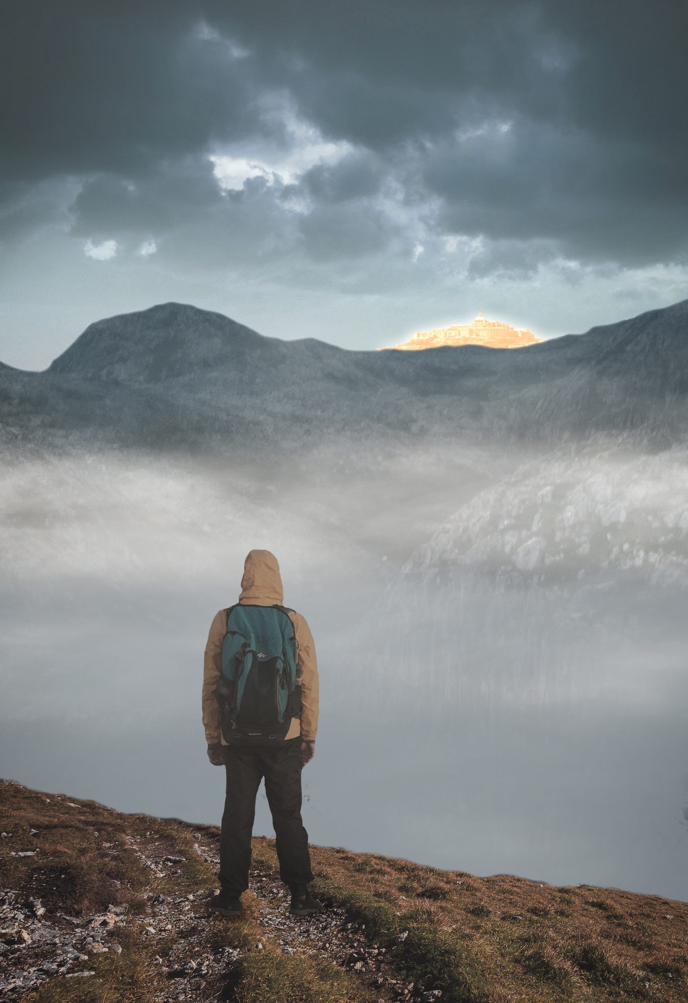 A lone hiker on a Norwegian mountainside, looking across mist toward a distant castle catching the last light — a Soria Moria scene.